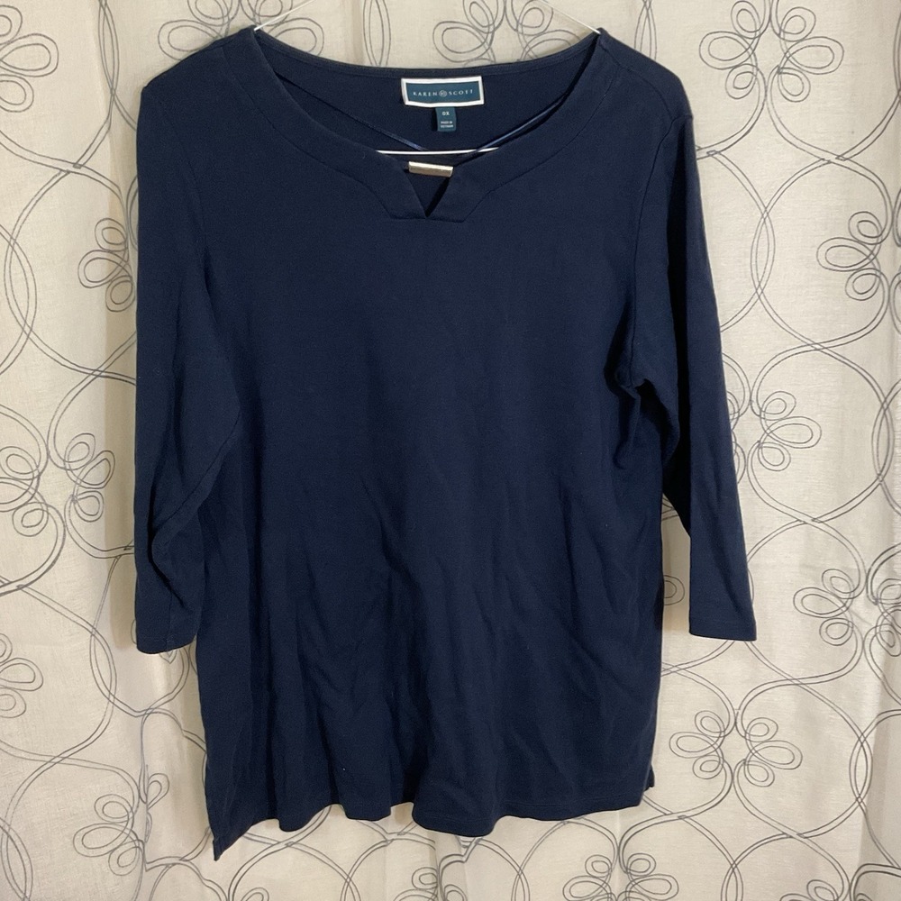 Woman's Karen Scott Blue Top Silver Accent 3/4 Sleeve Size 0X
